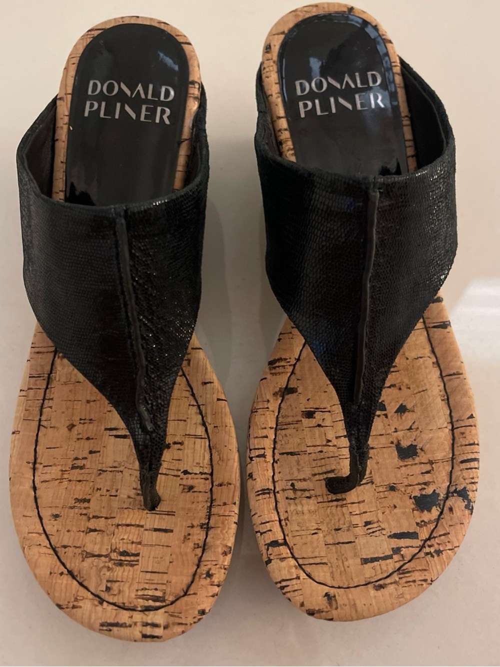 Donald J. Pliner Black Thong Cork Wedge Sandals